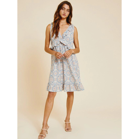 Ces Femme Dresses & Skirts - Icy Blue Sleeveless Ruffle Waist Floral Dress